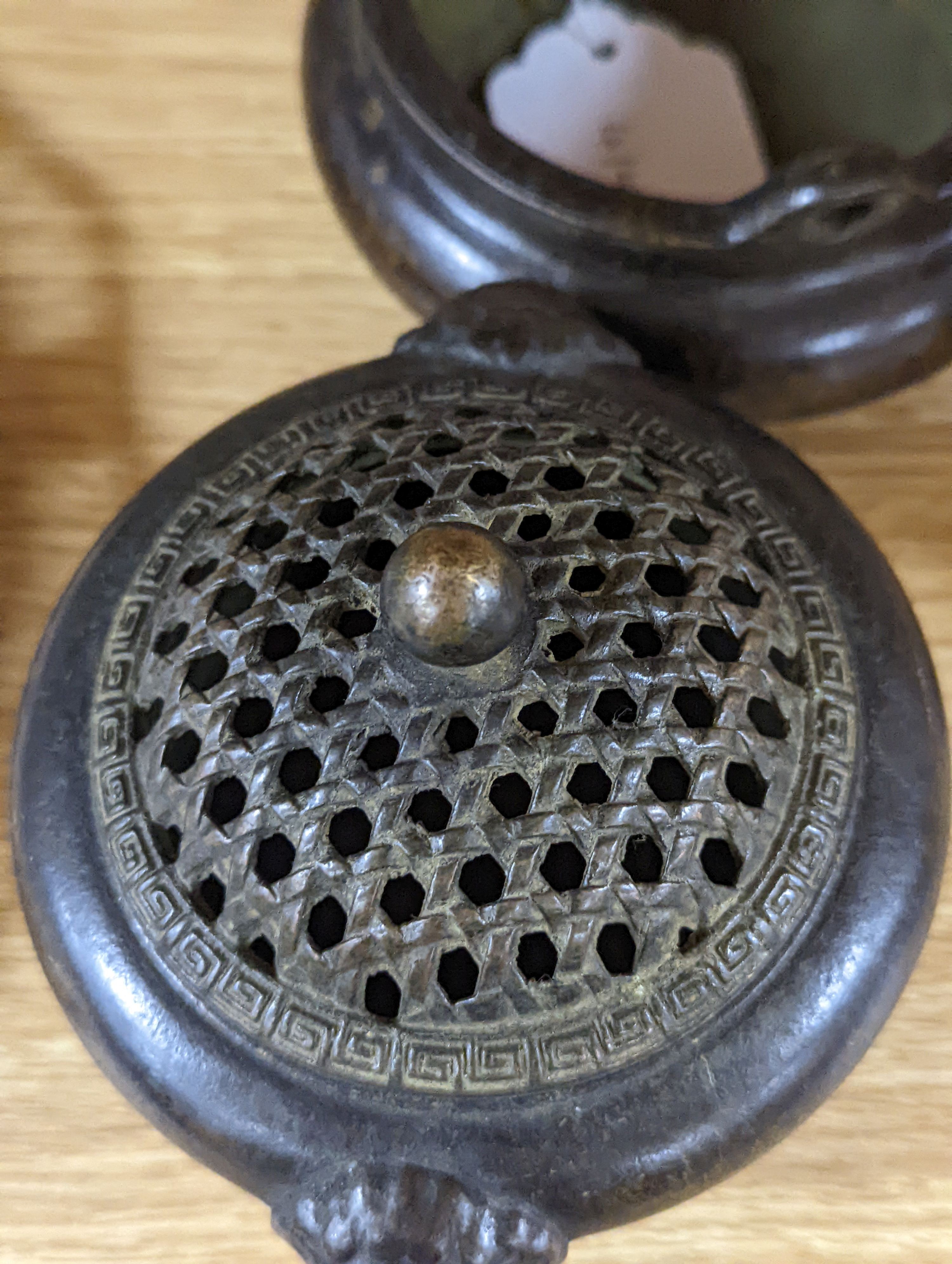 A Chinese bronze tripod censer and a Chinese bronze censer and cover 11cm